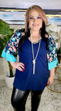 SMALL:  Navy Blouse with Floral Bell Sleeves