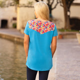 Blue top with colorful , neck cutout