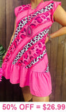 3X..Pink & Leopard Striped Dress with ruffle trim