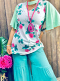 White Floral Blouse with mint flutter sleeves