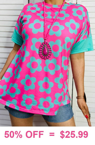S,M,L  Daisy Flower Pink Turquoise top