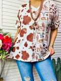 Western print top with Brown and White Cow