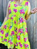 S,M, L, 2X, 3X Bright Yellow Dress with pink floral print