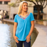 Blue top with colorful , neck cutout