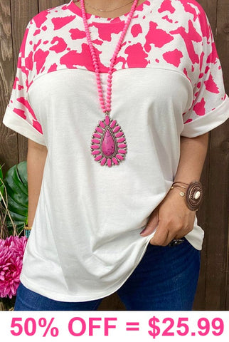 S, M, L, XL White Top with pink cow print short sleeves