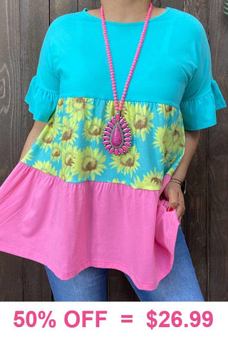 Turquoise, Sunflower, Pink baby doll top