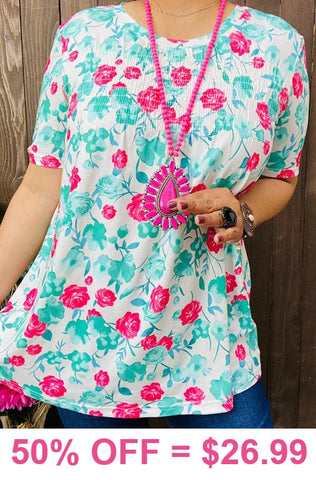 White Smocked Top with Turquoise & Pink floral print
