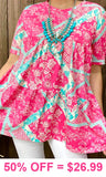 Pink & Turquoise floral design baby doll top