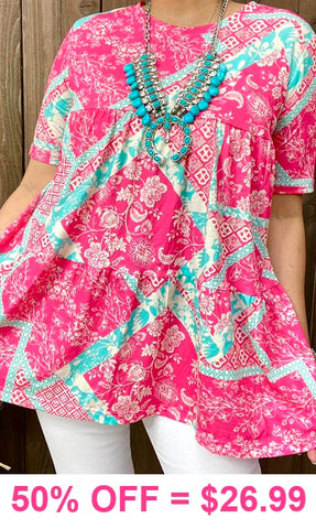 Pink & Turquoise floral design baby doll top