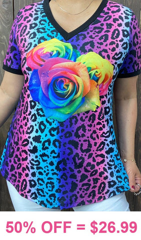 Multi Leopard top with colorful rose