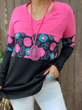 Pink, Western print, black color block long sleeve top