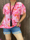 S, XL, 2X, 3X Pink & Orange floral top & Ruffle short sleeves