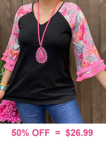 S, M, L, Black Top with pink paisley sleeves fringe trim
