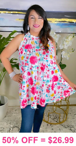 Pink Floral White Sleeveless baby doll top