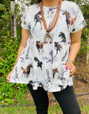 White Baby Doll Top with Horse print