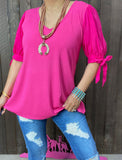 3X  : Pink Top with Tie Bow Sleeves