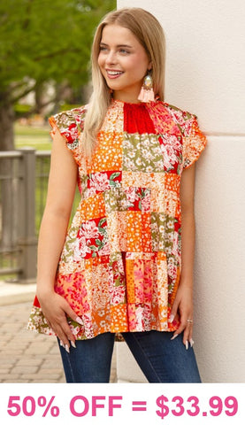 Floral patchwork baby doll top with cap sleeves
