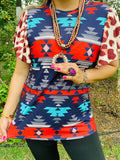 Blue Tribal top with leopard flutter sleeves