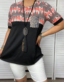 Black top with Feather designs and leopard pocket