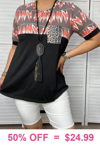 Black top with Feather designs and leopard pocket