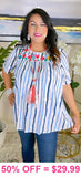S, L, 2X, 3X Striped blouse with floral embroidery - Loose Fit