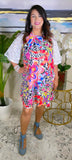 Colorful Abstract printed dress with lace sleeves