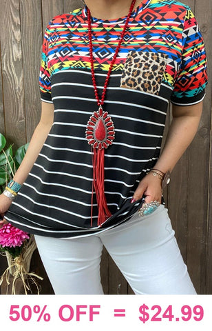 Black White Stripe top with colorful tribal & leopard pocket