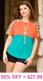Orange & Turquoise top with sequin leopard shoulders