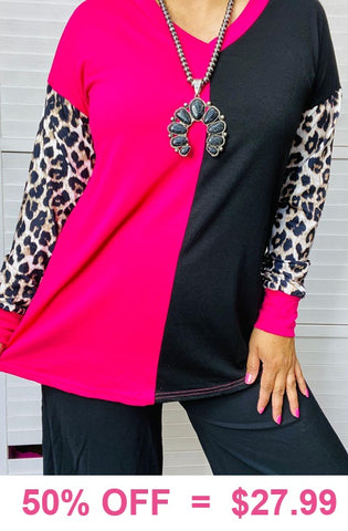 Half Pink/Half Black top with leopard sleeves