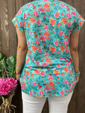 Turquoise steer print top with floral back