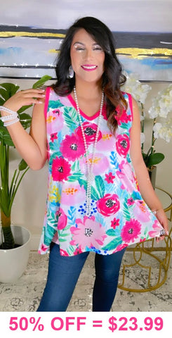 Floral tank top with pink trim