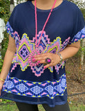 Sheer with lining Navy Tribal short sleeve top
