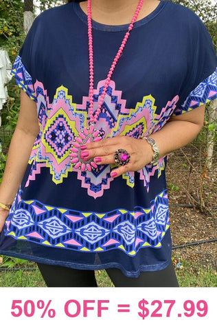 Sheer with lining Navy Tribal short sleeve top