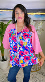 Blue Floral top with pink bell sleeves