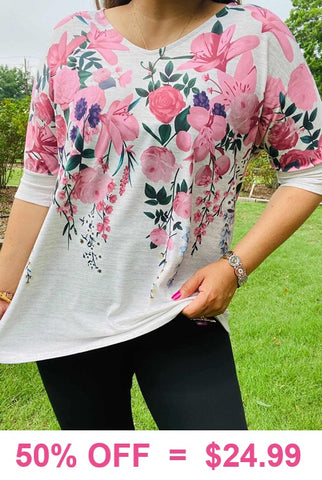 L, XL, 2X, 3X Pink floral 3/4 sleeve top