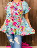 S,L,XL, 2X Neon Floral & Paisley print baby doll top