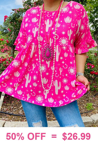 S,M,L,Xl, 3XPink baby doll top with cactus print