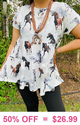 White Baby Doll Top with Horse print