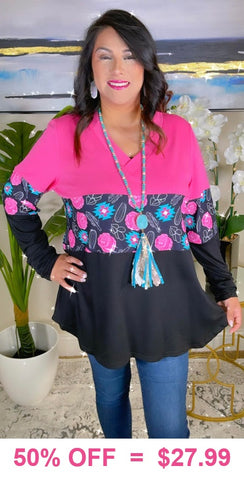 Pink, Western print, black color block long sleeve top