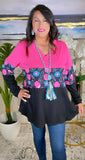 Pink, Western print, black color block long sleeve top