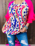 Blue Leopard Blouse Pink ruffle sleeves