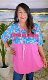 Pink Top with Blue Floral print & sequin stripe