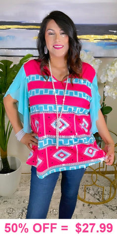Pre Order..Pink Tribal top with Turquoise sheer sleeves