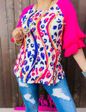 Blue Leopard Blouse Pink ruffle sleeves
