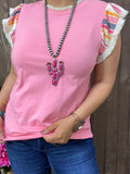 S, 2X, 3X Pink top with striped cap sleeves