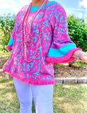 XL, 2X : Pink & Turquoise paisley bell sleeve blouse