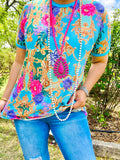 Turquoise Top with Pink Purple Floral and Gold scroll