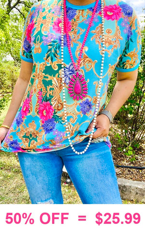 Turquoise Top with Pink Purple Floral and Gold scroll