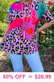 S, M, L, XL, 2X Pink Flower & Leopard short sleeve flutter top