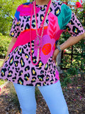 S, M, L, XL, 2X Pink Flower & Leopard short sleeve flutter top